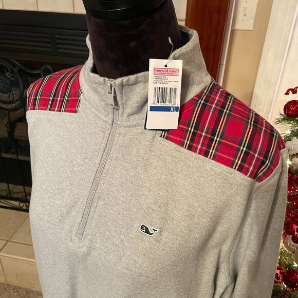 NWT Women's XL VINEYARD VINES Grey Heather Tartan Plaid 1/4 Zip - Picture 2 of 6